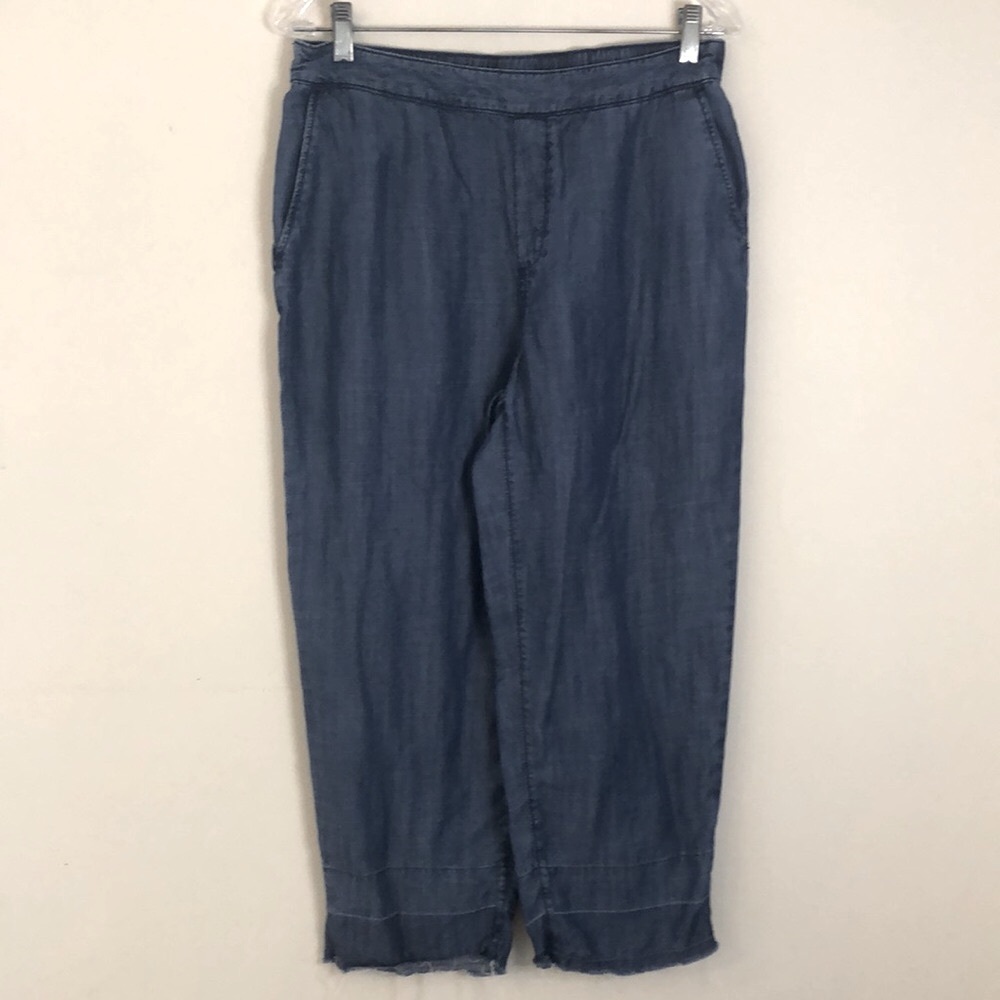 NIC+ZOE Indigo Denim crop pants casual soft elastic waist pockets raw hem SZ 8